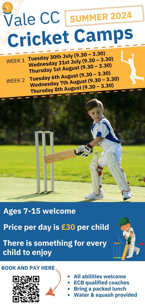 ‼️ Cricket camps ‼️

You can now book our cricket camps via the QR code. Please bring your own lunch. Water and squash can be provided. Book early to avoid disappointment.
