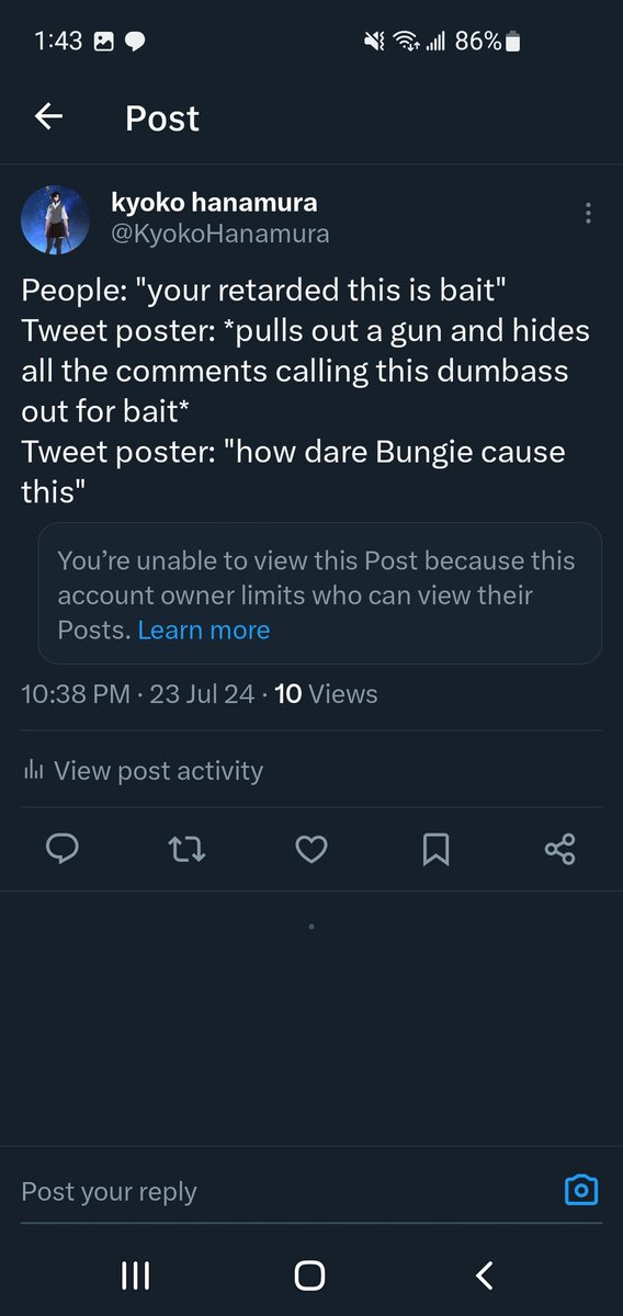 KyokoHanamura's tweet photo. This will be my new pinned, I made a bungie troll block me by calling out his stupidity/bait let's goooooo lol https://t.co/FSg5PzwfyX