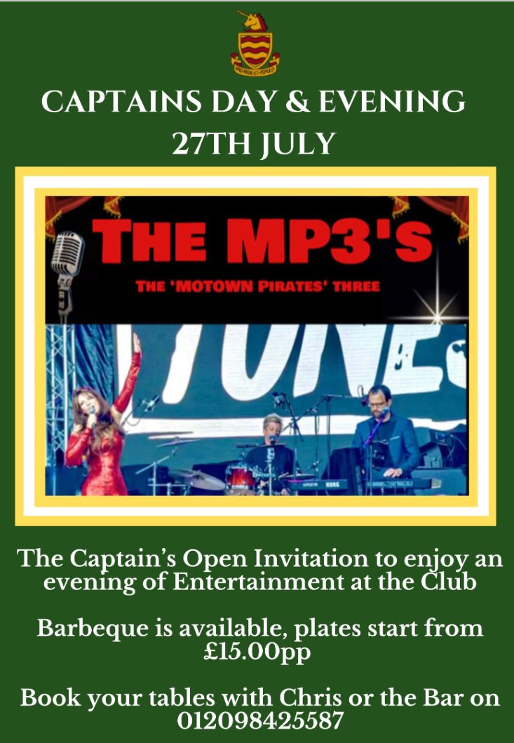 Tehidy Park Captains Day the Competition is full and a great evening awaits with the Motown Pirates 3 and a fantastic BBQ open invitation to all members, family and friends Martin will be delighted to see you. 
⛳️⛳️⛳️⛳️⛳️⛳️⛳️⛳️⛳️⛳️⛳️⛳️⛳️
