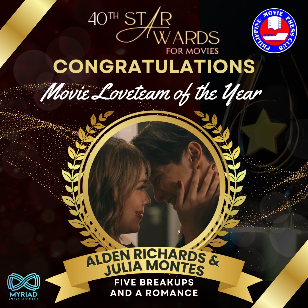 BIG WINS for #FiveBreakupsAndARomance!

CONGRATULATIONS to <a href="/aldenrichards02/">Alden Richards</a> and <a href="/yourjuliamontes/">Julia Montes</a> for winning the Movie Loveteam of the Year, and to MR. ALDEN RICHARDS for bagging the Movie Actor of the Year in the recently concluded PMPC 40th Star Awards for Movies! 👏🏻👏🏻👏🏻

#PMPC