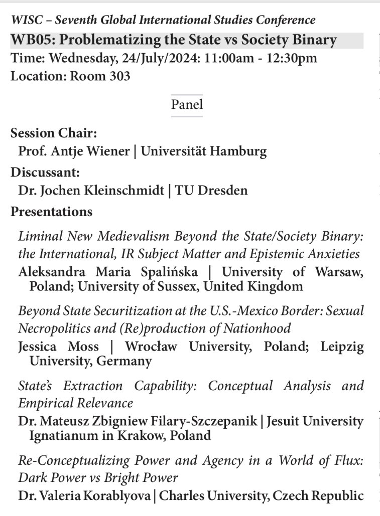 Aleksandra Spalińska (@aleksandraspal3) on Twitter photo We'll kick off our section at #WISC2024 😃 at 11.00 with a panel chaired by @antje_wiener and dedicated to the problematising state/society binary. Papers by me, Jessica Moss, Mateusz Filary-Szczepanik and <a href="/VKorablyova/">Valeria Korablyova</a>. Comments will be provided by <a href="/JKleinschmidtIR/">Jochen Kleinschmidt 🇺🇦 ПТН ПНХ</a>.
Come along! We'll kick off our section at #WISC2024 😃 at 11.00 with a panel chaired by @antje_wiener and dedicated to the problematising state/society binary. Papers by me, Jessica Moss, Mateusz Filary-Szczepanik and <a href="/VKorablyova/">Valeria Korablyova</a>. Comments will be provided by <a href="/JKleinschmidtIR/">Jochen Kleinschmidt 🇺🇦 ПТН ПНХ</a>.
Come along!