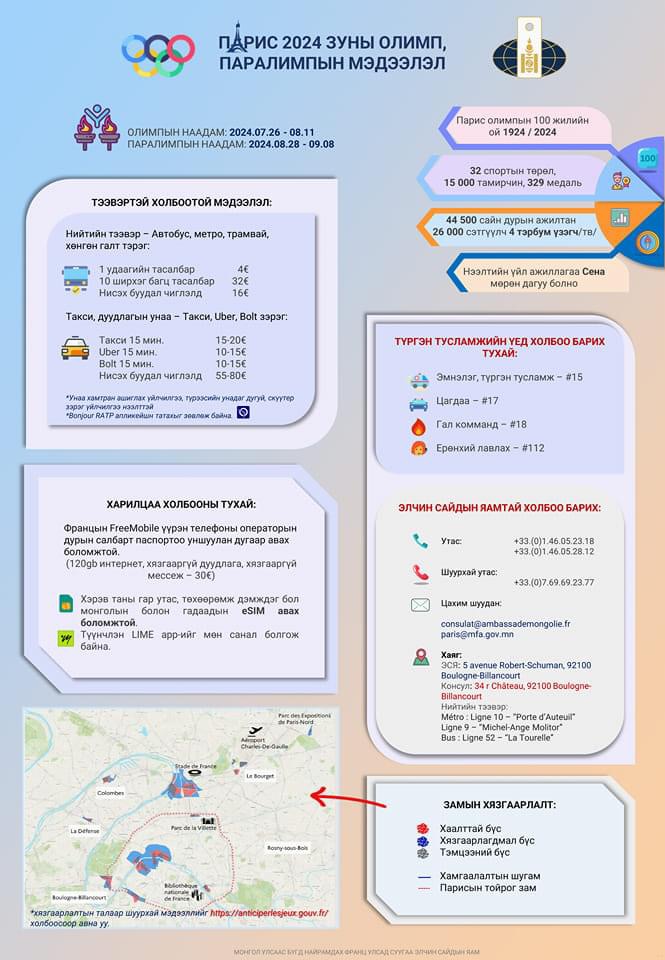 Бүгд Найрамдах Франц Улсын Парис хотноо зохион байгуулагдах "Парис 2024" зуны олимпын наадмыг үзэхээр зорчих иргэн Танд тус улсад зорчихтой холбоотой мэдээллийг хүргэж байна. consul.mn/news/c/218 <a href="/MongolDiplomacy/">MFA Mongolia</a>