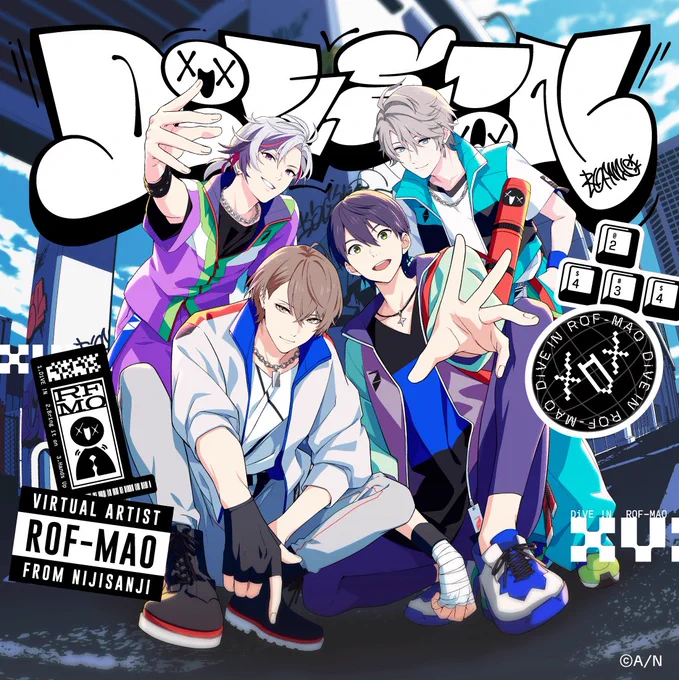本日発売のROF-MAO 1st Single『DiVE !N』  MVのキャラクターイラスト&デザインワークス、初回限定盤ジャケットのイラストをFiFSで担当いたしました!  掲載許可をいただけたので、加賀美ハヤトさん、剣持刀也さん、不破湊さん、甲斐田晴さんの設定画です  #ろふまお