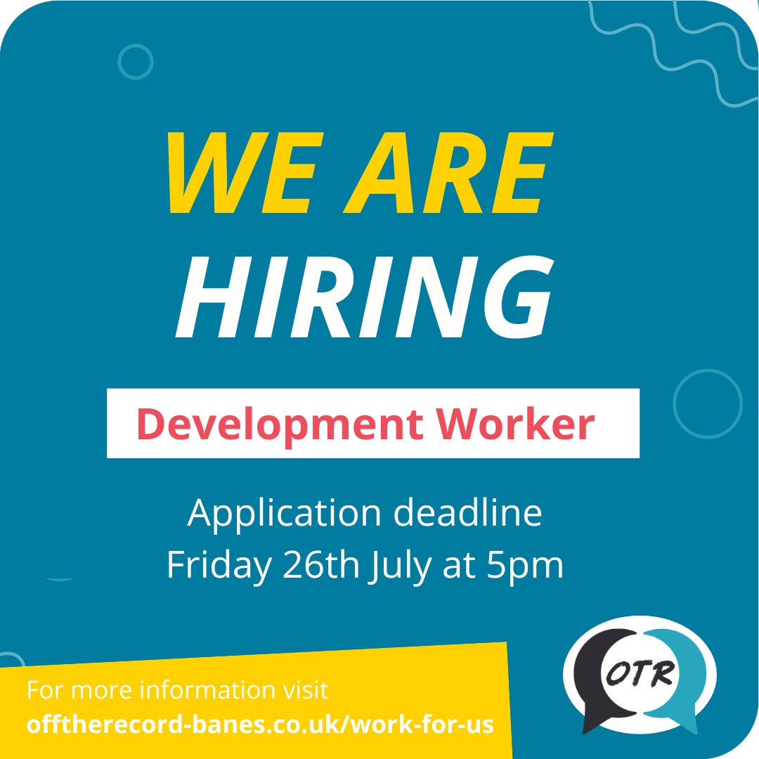 Apply by Friday!

Final call for anyone thinking of becoming our Participation Development Worker - applications need to be received by 5pm on Friday. See full details on our website: offtherecord-banes.co.uk/work-for-us