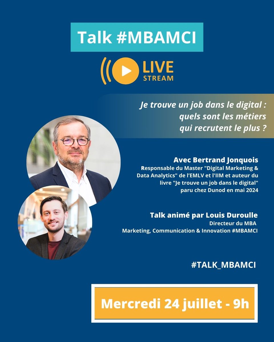 DevinciExec's tweet image. 📅 #SAVETHEDATE RDV dans 1H !
#Talk #MBAMCI « Je trouve un job dans le digital : quels sont les métiers qui recrutent le plus ? »
💬 animé par @louisduroulle, Directeur pédagogique du @mbamci ⚡
@EMLVparis @IIMparis

👉 Inscription au Talk : ow.ly/p3or50SFM1Y