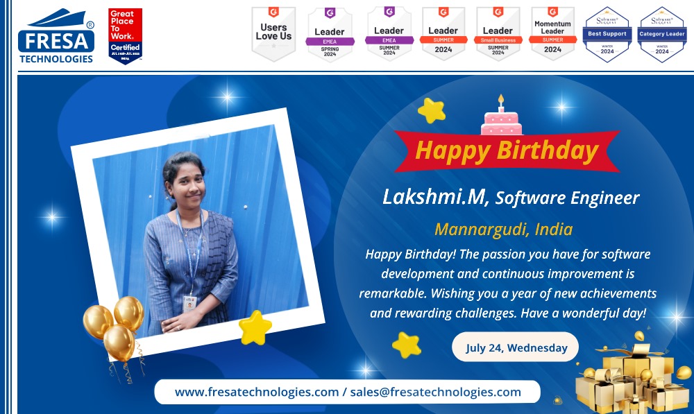 fresatechnology's tweet image. Happy Birthdayto Lakshmi.M, Software Engineer
Happy Birthday! The passion you have for software development and continuous improvement is remarkable.
#Fresa | #PassionForCoding | #TechLife | #YearOfGrowth | #BirthdayWishes | #Celebration | #Employees | #HappyBirthda
