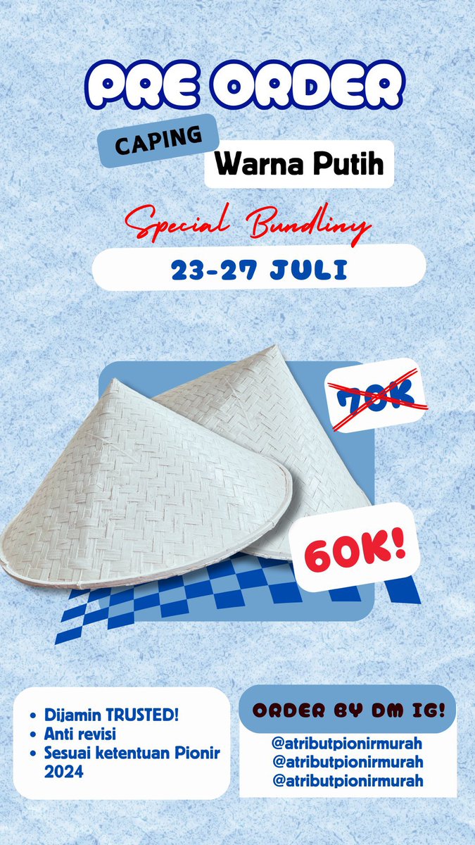 UGM_FESS's tweet photo. BELI 2 CAPING WARNA CUMA 60K⁉️🙀
Halooo Gamada 24 🎉
Yuk beli caping bareng temen lebih murah dengan ✨special bundling✨ hanya di @atributpionirmurah
‼️LIMITED SALE, ONLY 23-27 Juli‼️
Gass pesan by DM yaaa
Happy shopping! 🛍️🎀 #caping #atributppsmb #atributpinoir #ugm https://t.co/8qO2fzMKh5