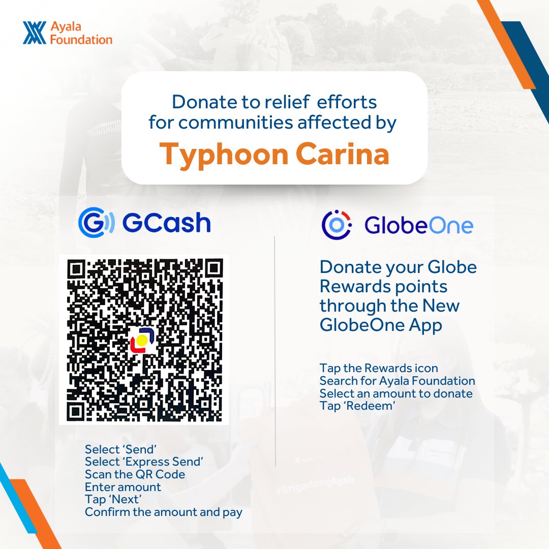 ayalafoundation's tweet photo. We will soon be conducting relief operations for communities affected by Typhoon #CarinaPH. You can support our efforts and help us reach more people by making a donation through our various channels.

[DSWD Solicitation Permit No. DSWD-SB-SP-00037-2023, Valid until Nov 2, 2024] https://t.co/8vRHurFAHA