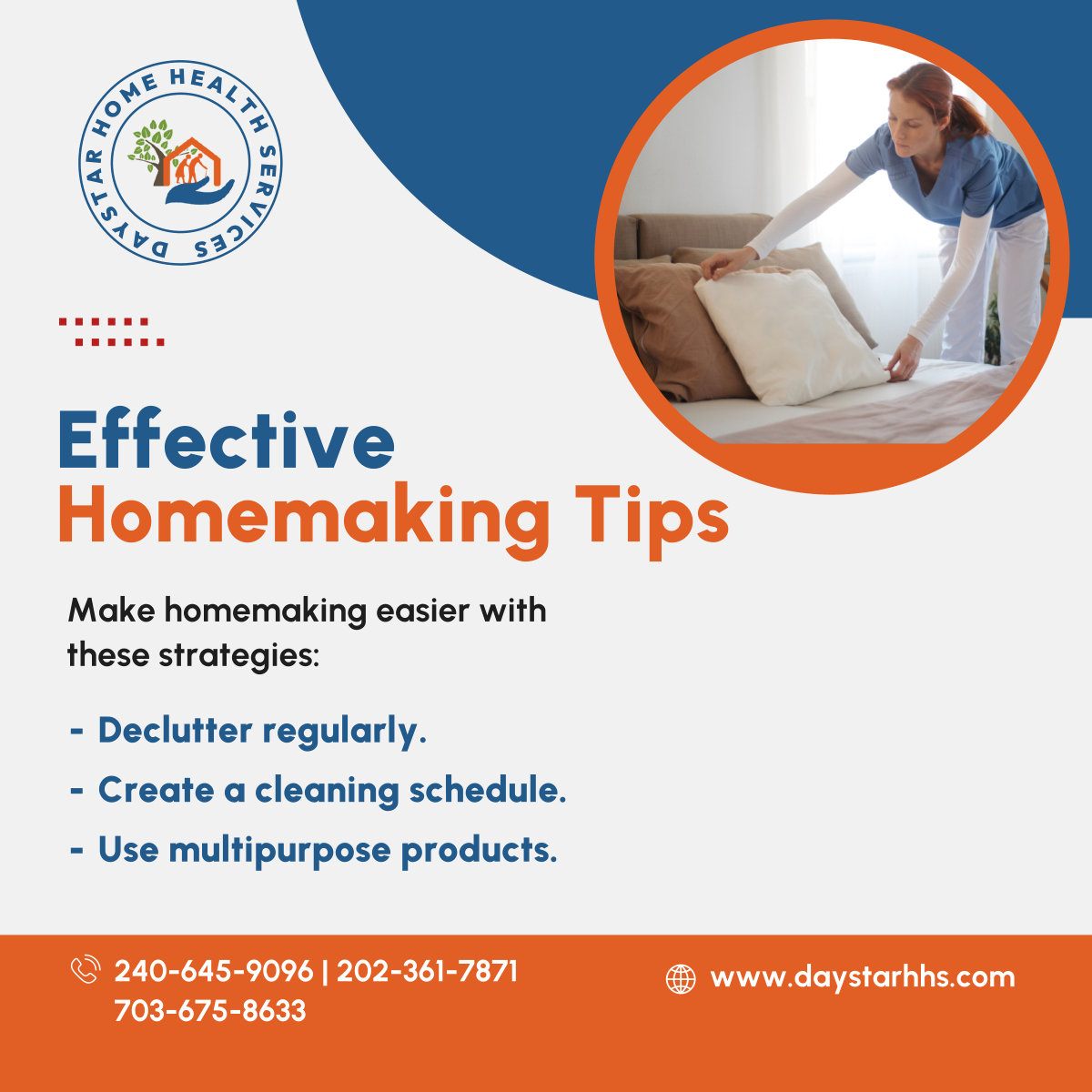 daystarhhs's tweet photo. A tidy home contributes to a peaceful mind. These homemaking tips will help keep your space clean and organized effortlessly. 

#LandoverMD #HomeCare #HomemakingTips https://t.co/Xugu5z7Di4