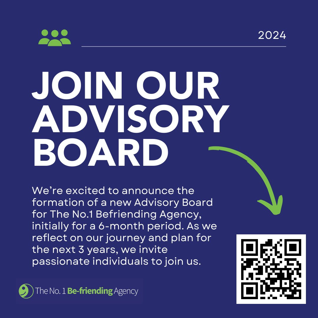 Ready to make a difference? Join us and help shape the future of The No.1 Befriending Agency! 💬 Scan the QR code to learn more, or visit: shorturl.at/lzhyn  #BefriendingAgency #AdvisoryBoard #VolunteerOpportunity