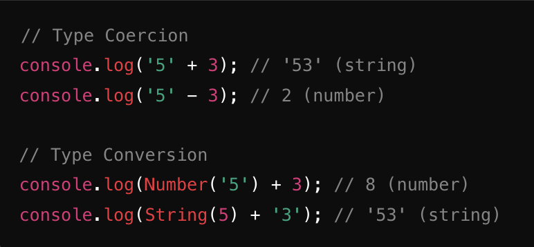 n_narula's tweet photo. 🔄 Type Coercion vs. Type Conversion  #javascript

Type Coercion:
Automatic type conversion by JavaScript.

Type Conversion:
Explicitly converting types.

#Reactjs #Webdev #FrontendDeveloper https://t.co/Mm2EeCH6CX