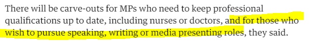 A welcomed step forward in restoring the idea that politics should be about service. I would say that this should go further and include a ban on MPs taking second jobs in the media. Can journalists really hold politicians to account when they share an employer?