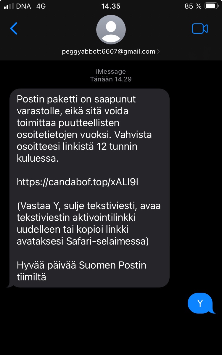 SamuliHurri's tweet photo. @Postigroup tiedoksi pishing (odotan juuri pakettia postilta, niin  läheltä piti, vastasin jo ”Y” mutten sentäs avannut linkkiä) https://t.co/tfyJYTeH1c