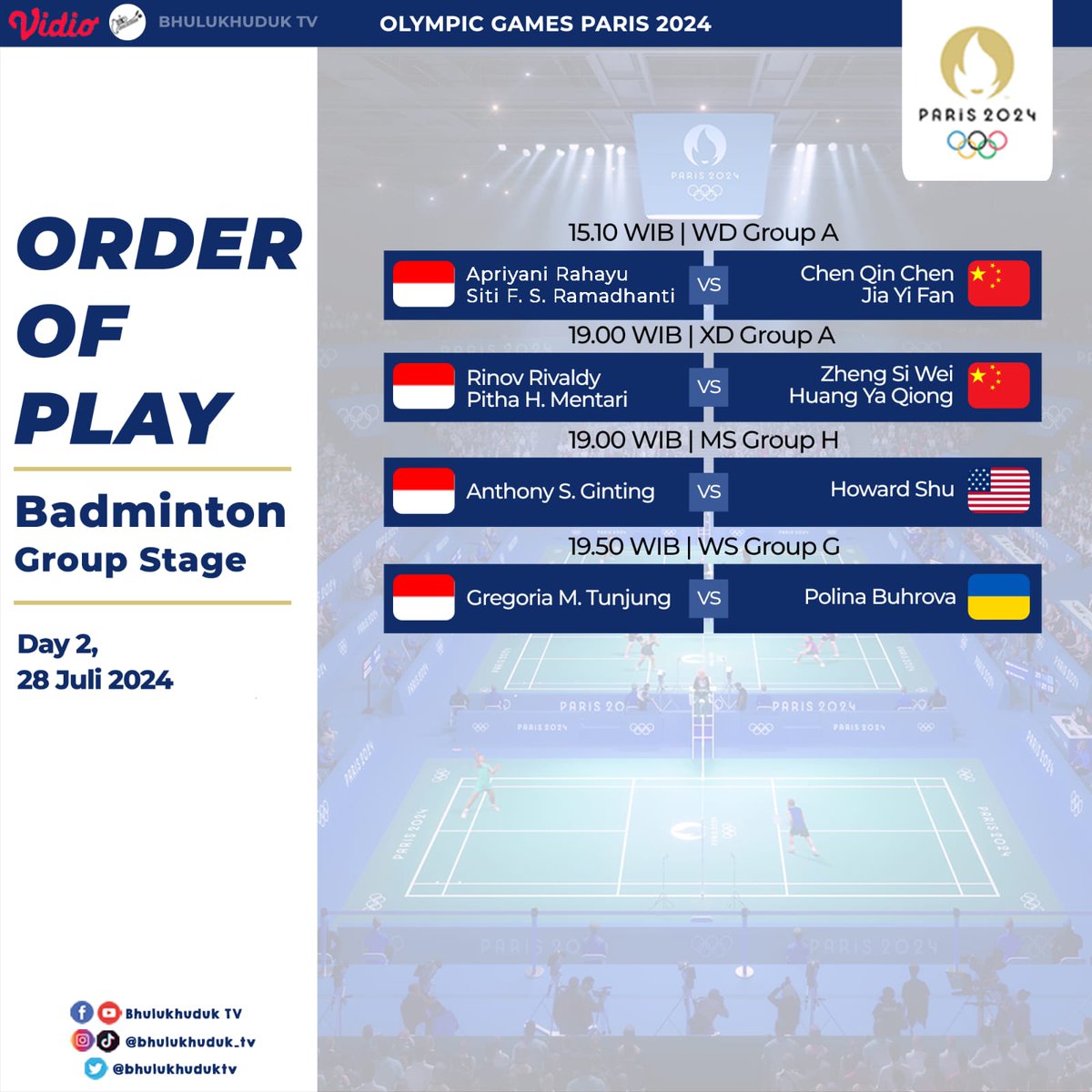 bhulukhuduktv's tweet photo. Badminton akan jadi salah satu cabor yang paling dinanti di Olimpiade Paris 2024. Berikut jadwal lengkap badminton Olimpiade 2024. https://t.co/GCoki0htNf