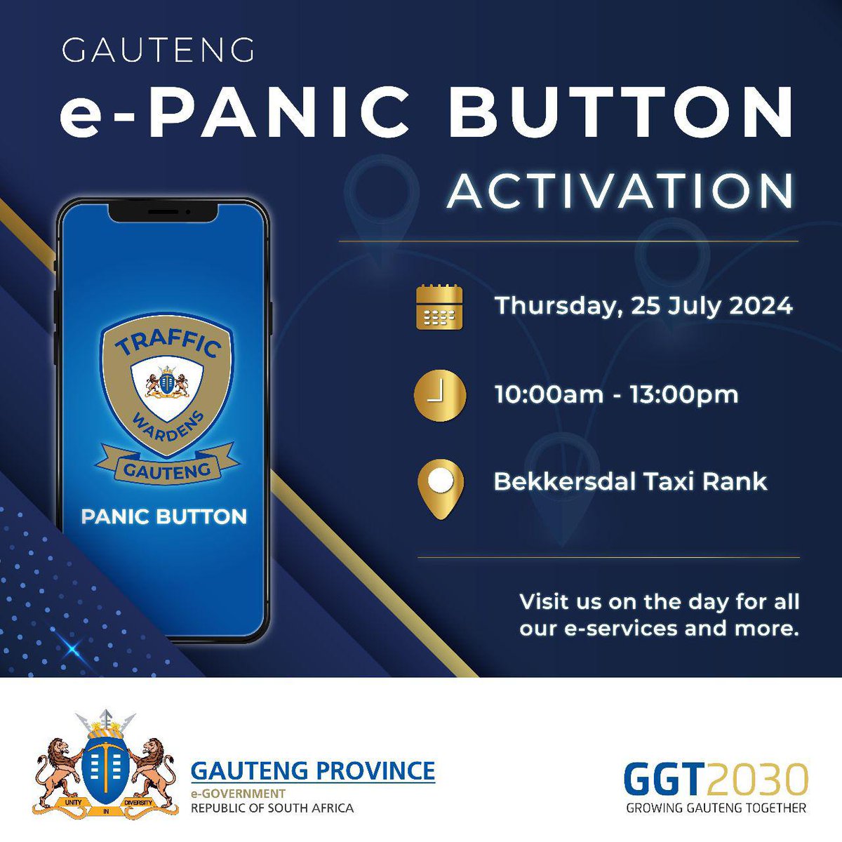 GautengeGov's tweet photo. Tomorrow, we're headed to Bekkersdal Taxi Rank for another round of Gauteng e-Panic Button activation where we will be assisting you with downloading the app to help you call on emergency services & also report crime. #GrowingGautengTogether #AtYourService #CreatingASaferGauteng https://t.co/untiyPlO1i