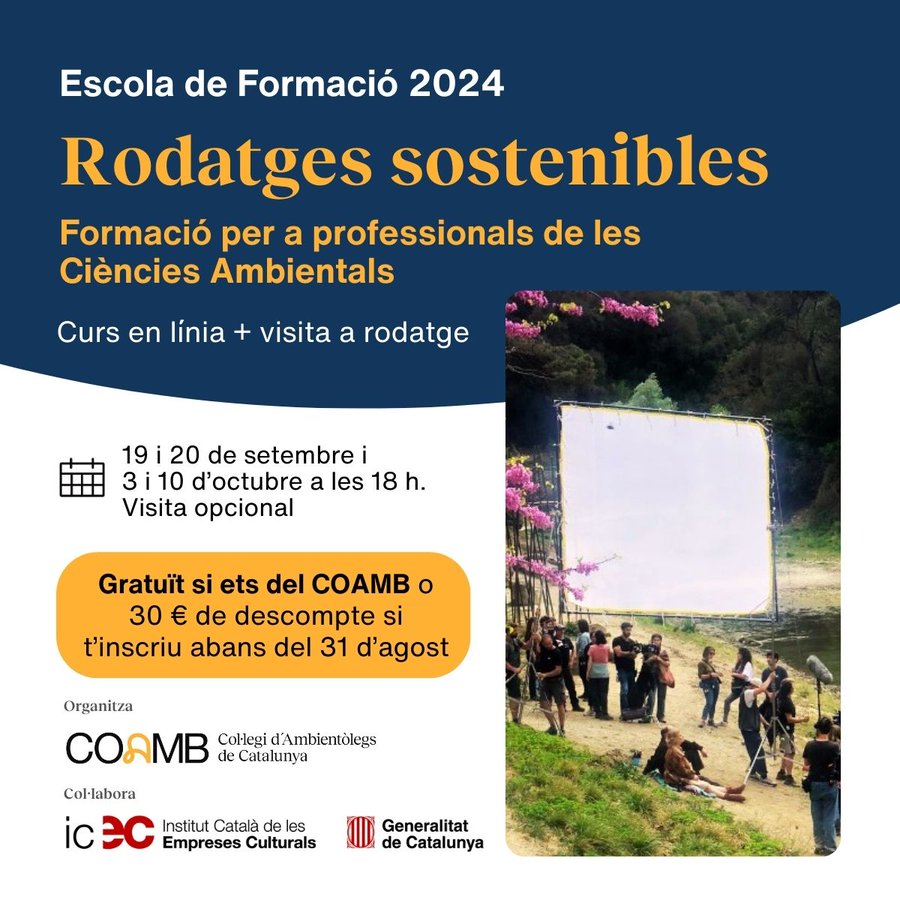 📢Obertes les inscripcions al curs del <a href="/COAMBcat/">COAMB</a> sobre rodatges sostenibles amb què col·laborem👉coamb.cat/wp-content/upl…

💚Dedicarem una sessió a parlar de l'audiovisual a Catalunya, del suport que donem des de l'<a href="/icec_cat/">Empreses culturals</a> al sector i del #PlaC 🎬