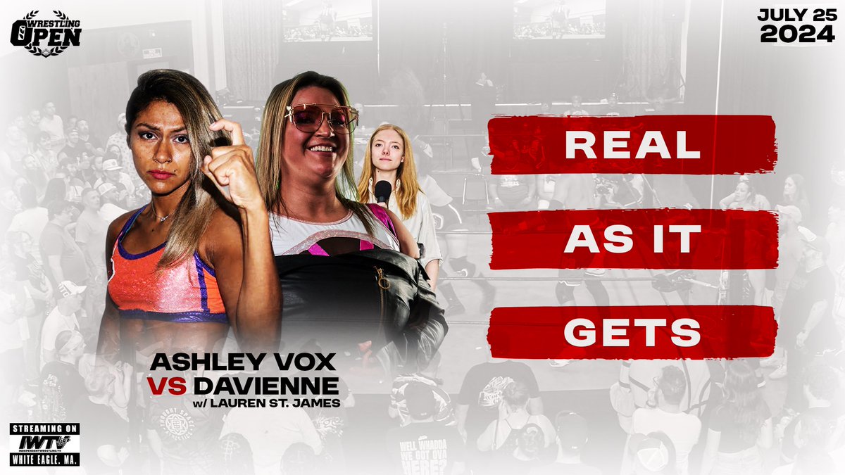 WrestlingOpen's tweet photo. Vox.

Davienne.

Real As It Gets.

Thursday.

#WrestlingOpen

📺: @indiewrestling 
🎟️: $10 at the door OR 
https://t.co/pEe7Vo6tyB https://t.co/ylXZujvib6