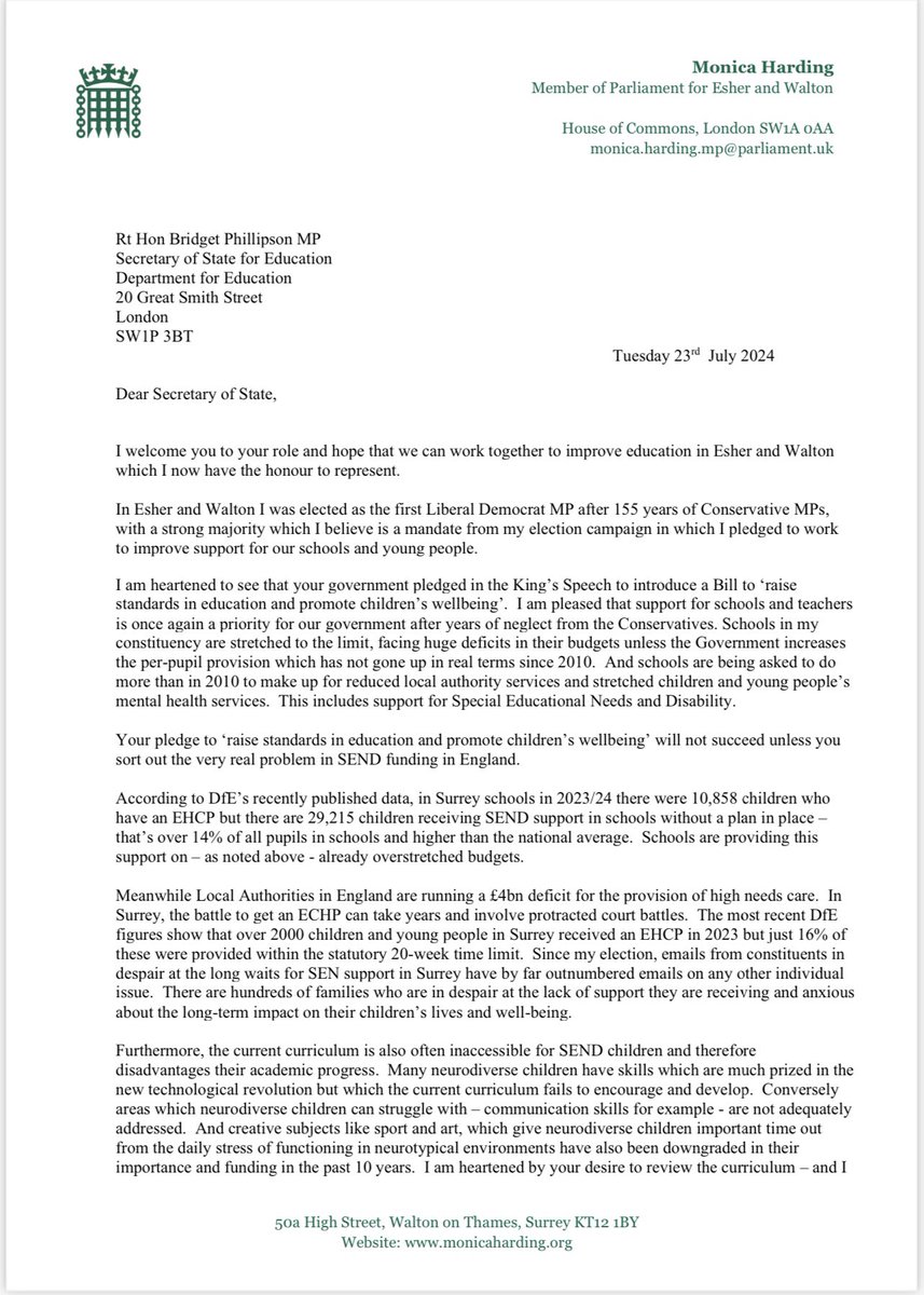 monicabeharding's tweet image. I have written to Bridget Phillipson re schools and SEND funding in #EsherandWalton We cannot raise standards in education &amp;amp; promote children’s well-being unless we fix the deficit in SEND funding UK wide &amp;amp; critically in Surrey where provision is creaking. @LibDems