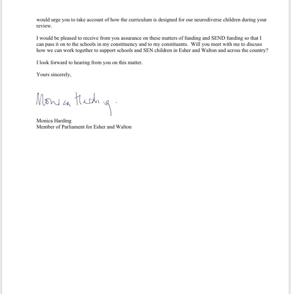 Monica Harding MP (@monicabeharding) on Twitter photo I have written to Bridget Phillipson re schools and SEND funding in #EsherandWalton We cannot raise standards in education & promote children’s well-being unless we fix the deficit in SEND funding UK wide & critically in Surrey where provision is creaking. <a href="/LibDems/">Liberal Democrats</a> I have written to Bridget Phillipson re schools and SEND funding in #EsherandWalton We cannot raise standards in education & promote children’s well-being unless we fix the deficit in SEND funding UK wide & critically in Surrey where provision is creaking. <a href="/LibDems/">Liberal Democrats</a>