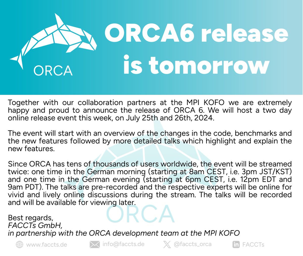 ORCA6 release tomorrow! 🥳

The links for the release event are already here: kofo.mpg.de/events/38693/2…

We put a lot of effort there and hope you can make the best out of it. Please also join the ORCA forum for more detailed discussions: orcaforum.kofo.mpg.de

#compchem #ORCA6