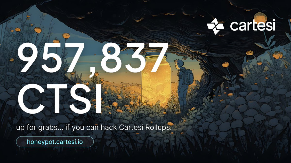 cartesiproject's tweet photo. We’re getting really close to 1,000,000 $CTSI in the Cartesi honeypot 💸
The honeypot is a challenge designed to test the security of Cartesi Rollups. Think you can crack it?
Give it a shot ➡️ https://t.co/dqb37dHaaG https://t.co/rudHB2S4nt