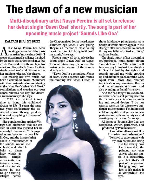 Navhind_Times's tweet photo. Multi-disciplinary artist Nasya Pereira is all set to release her debut single 'Dawn Oxel' shortly. The song is part of her upcoming music project 'Sounds Like Goa'... Read more in The Navhind Times today!

#debutsingle #newsingle #goan #musicproject #ntbuzz #NavhindTimes https://t.co/PAaFu4hzkL