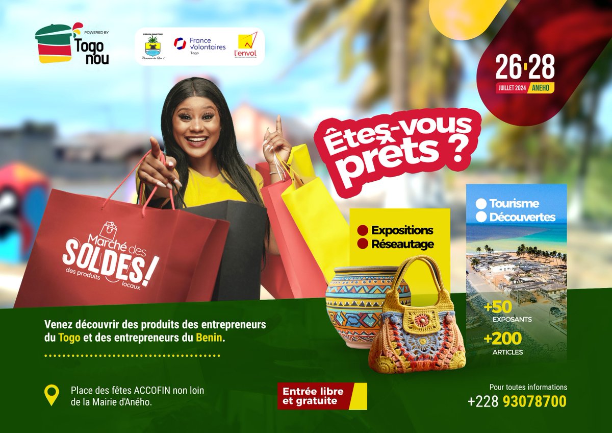 CommuneLacs1's tweet image. 𝑴𝒂𝒓𝒄𝒉é 𝒅𝒆𝒔 𝑺𝒐𝒍𝒅𝒆𝒔 𝒅𝒆𝒔 𝒑𝒓𝒐𝒅𝒖𝒊𝒕𝒔 𝒍𝒐𝒄𝒂𝒖𝒙 🥳
Venez découvrir des produits des entrepreneurs du Togo et du Bénin
Du 26 au 28 juillet 2024 à la Place Acofin non loin de la mairie d'Aneho
Entrée libre et gratuite 🥳
#aneho #lacs1 #local #entrepreneuriat