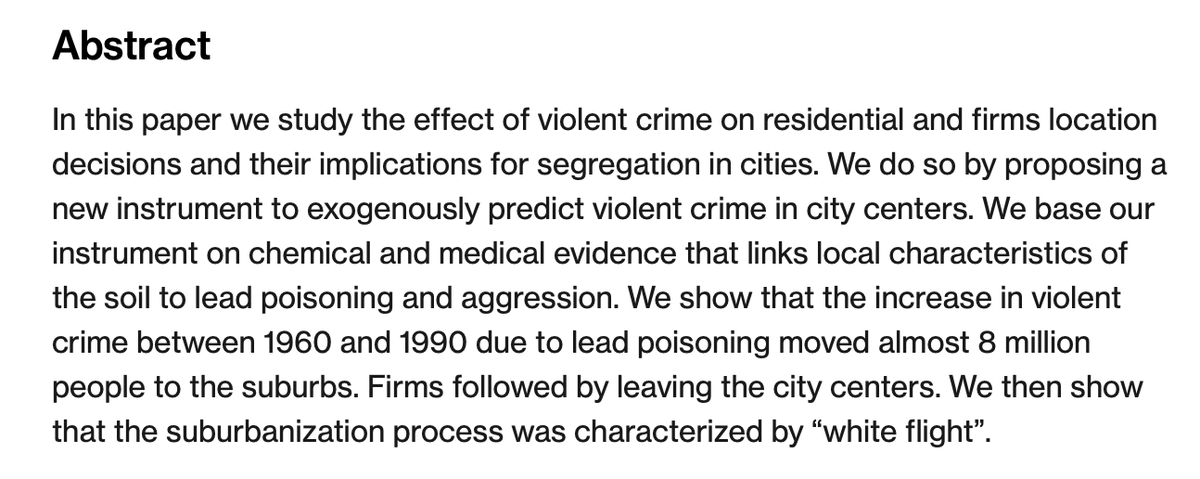 Jennifer Doleac (@jenniferdoleac) on Twitter photo 🤯
Forthcoming in <a href="/restatjournal/">The Review of Economics and Statistics (REStat)</a>: "Flight from Urban Blight: Lead Poisoning, Crime, and Suburbanization" by <a href="/fede_curci/">Federico Curci</a> & <a href="/masera_federico/">Federico Masera</a>
doi.org/10.1162/rest_a… 🤯
Forthcoming in <a href="/restatjournal/">The Review of Economics and Statistics (REStat)</a>: "Flight from Urban Blight: Lead Poisoning, Crime, and Suburbanization" by <a href="/fede_curci/">Federico Curci</a> & <a href="/masera_federico/">Federico Masera</a>
doi.org/10.1162/rest_a…