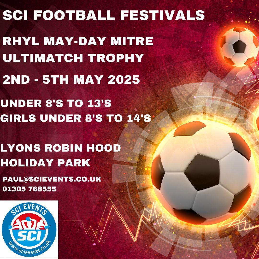 🚀 Join us for the Rhyl Mitre Ultimatch Trophy on May 2-5, 2025! 🏆⚽ One of the UK's largest youth football festivals 🌟

📅 Dates: May 2-5, 2025
📍 Location: Rhyl, North Wales
🔹 Categories: Boys/Mixed U8-U13, Girls U8-U14

📌 Register now: buff.ly/3V9T7yQ