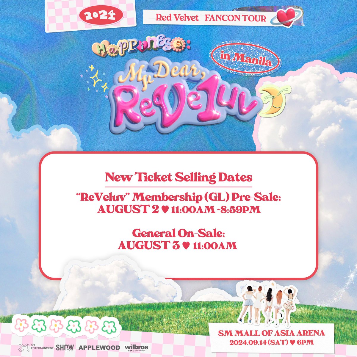 WilbrosLive's tweet photo. ReVeluv, Stay Safe and Dry! ☔
Due to the severe weather conditions caused by the current typhoon, ticket selling will be moved. Please check the new ticket selling dates. Your safety is our top priority ❤

𝟐𝟎𝟐𝟒 𝐑𝐞𝐝 𝐕𝐞𝐥𝐯𝐞𝐭 𝐅𝐀𝐍𝐂𝐎𝐍 𝐓𝐎𝐔𝐑 
<𝐇𝐀𝐏𝐏𝐈𝐍𝐄𝐒𝐒 : 𝐌𝐲 𝐃𝐞𝐚𝐫, 𝐑𝐞𝐕𝐞𝟏𝐮𝐯> 𝐢𝐧 𝐌𝐀𝐍𝐈𝐋𝐀 

Sep 14 SAT 6PM (PHT) 
SM Mall of Asia Arena 

-- 𝐍𝐞𝐰 𝐓𝐢𝐜𝐤𝐞𝐭 𝐒𝐞𝐥𝐥𝐢𝐧𝐠 𝐃𝐚𝐭𝐞𝐬 --
"ReVeluv" Membership (GL) Pre-Sale: 
Aug 2 FRI 11AM to 8:59PM (PHT) 
General On-Sale: Aug 3 SAT 11AM (PHT) 
https://t.co/YYUWlPa5kD and SM Tickets Outlets 

#RedVelvet 
#2024_RedVelvet_FANCON_TOUR_HAPPINESS_MyDear_ReVe1uv 
#HAPPNIESS_MyDear_ReVe1uv 
#RedVelvet_FANCON_TOUR_in_MANILA 
#2024_RedVelvet_FANCONTOUR 
#HAPPINESS #MyDear #ReVe1uv #ReVeluv #Cosmic 
#레드벨벳 #코스믹 
#APPLEWOOD #WilbrosLive