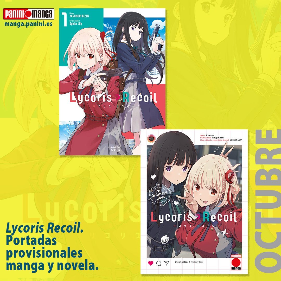 🌷Ya conocemos las portadas provisionales del manga y la novela ligera de "Lycoris Recoil", la obra con subtexto #yuri de <a href="/MangaPaniniEsp/">PANINI_Manga</a> que llegará a nuestro país a partir de octubre🌷