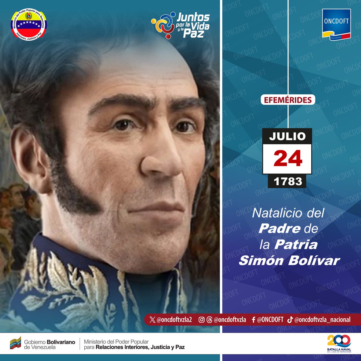 #24Jul Tal día como hoy de 1783 nació el Padre de la patria Grande Simón Bolívar, fue un pensador, estadista, militar,  quien marcó la vida de América