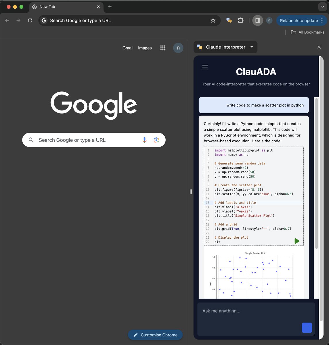 psbots's tweet photo. Hacked together a browser based code interpreter for Claude 3.5 Sonnet as part of the Build with Claude contest

Its a browser extension that generates code for the given query using Claude API and uses PyScript, Pyodide and WASM to run full-fledged Python code within the browser https://t.co/cuKzd73rI0