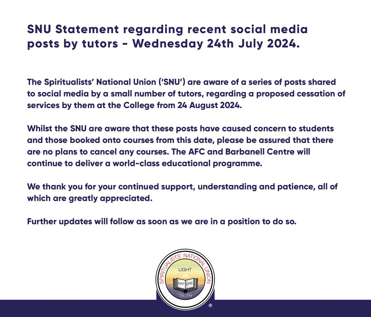 SNU Statement regarding recent social media posts by tutors - Wednesday 24th July 2024.