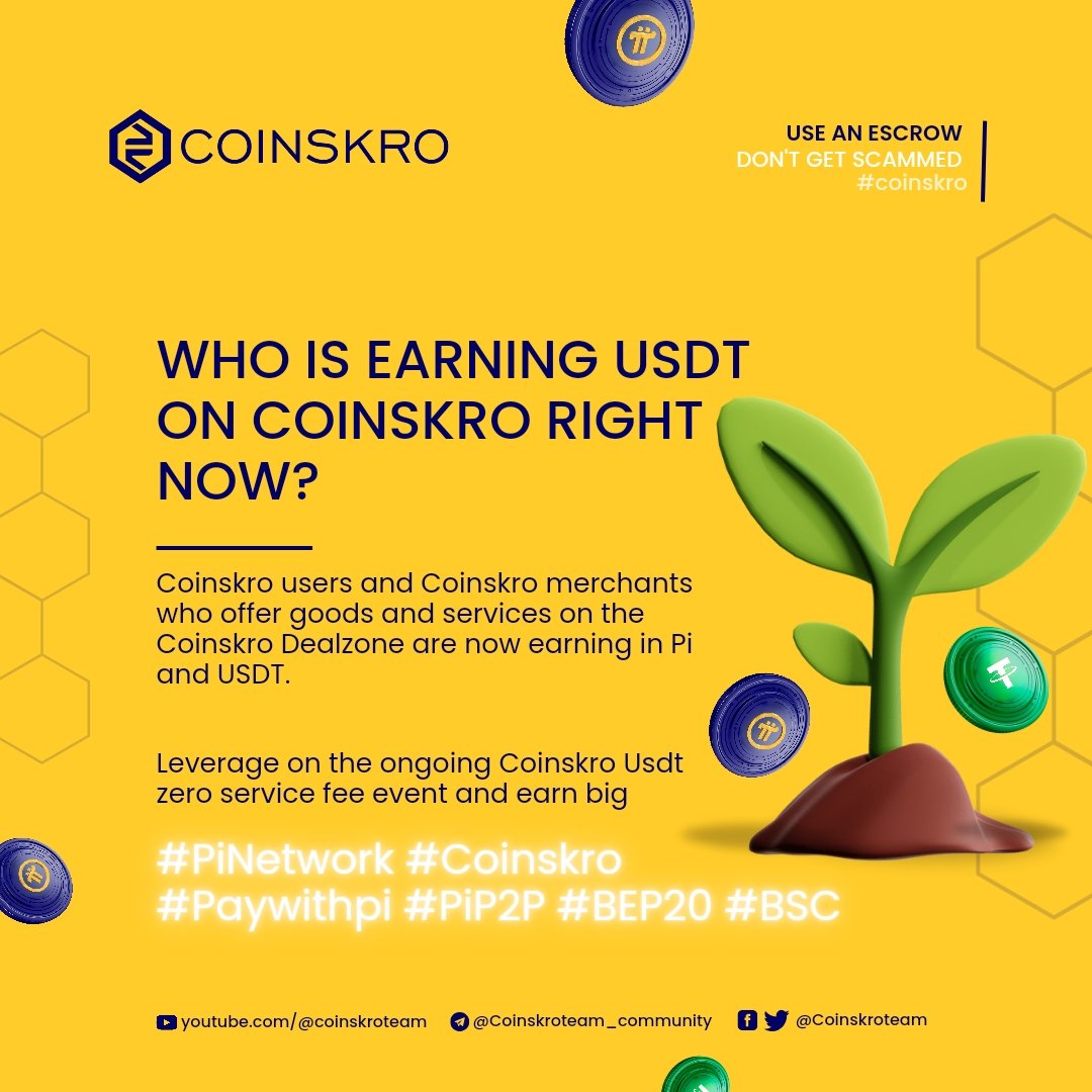 Coinskroteam's tweet photo. WHO IS EARNING USDT ON COINSKRO RIGHT NOW❓
Coinskro users and Coinskro merchants who offer goods and services on the Coinskro Dealzone are now earning in #Pi and USDT.

Leverage on the ongoing Coinskro Usdt zero service fee event and earn big❗
#PiNetwork #Coinskro #Paywithpi #PiP2P #BEP20 #BSC