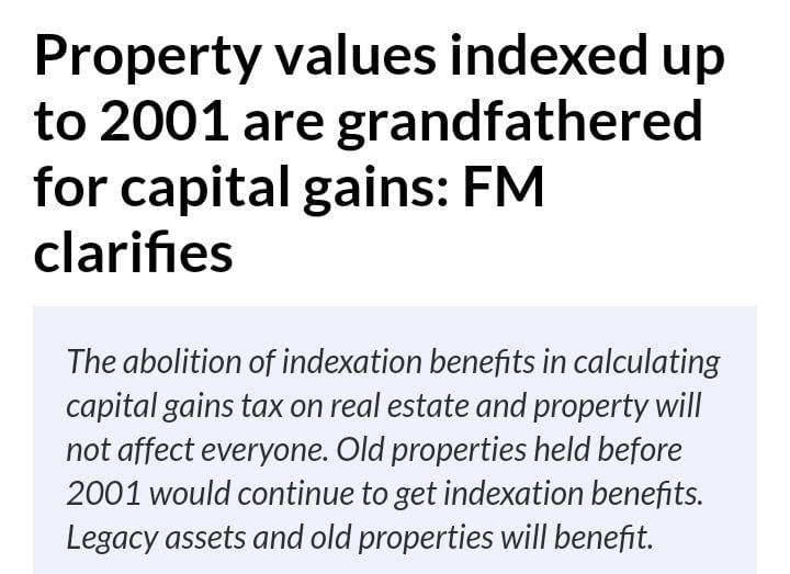AjayLaxkar4's tweet photo. FM clarifies that property values indexed up to 2001 are grandfathered for capital gains

Old properties held before 2001 would continue to get indexation benefits. Legacy assets and old properties will benefit

#BudgET2024 #Budget https://t.co/wM9XWj7kCk