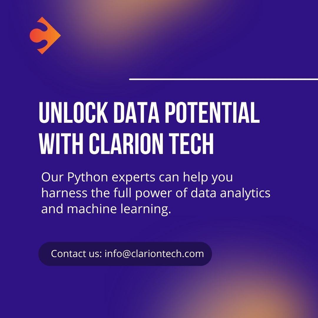 Clarion_Tech's tweet image. Harness the power of Python for advanced data analytics and machine learning to elevate your business intelligence.
Unlock the full potential of your data. Contact us now!
#PythonAnalytics #MachineLearning #DataScience #BusinessIntelligence #AI #Python2024