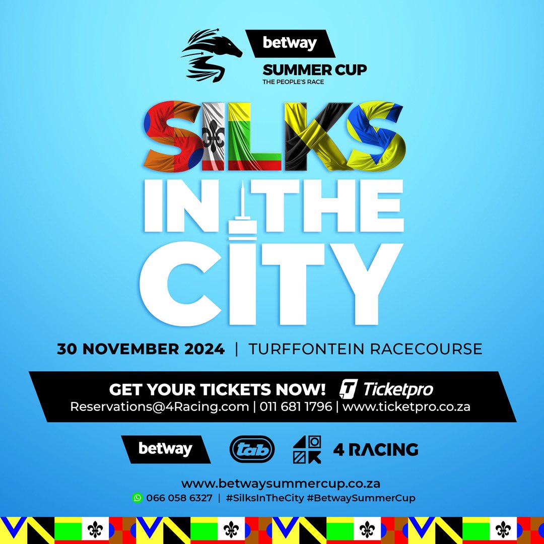 Betway Summer Cup: Silks in The City. 30 November at Turffontein Racecourse, Johannesburg. 

For ticket purchases &amp; hospitality bookings, visit Ticketpro.co.za /email reservations@4racing.com /call 011 681 1796 /WhatsApp 066 058 6327. 

#BetwaySummerCup #SilksintheCity