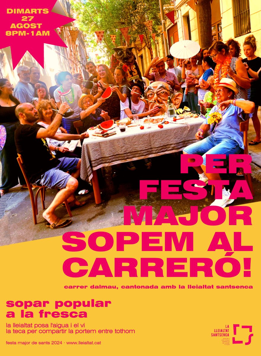 🪅 Guardeu data pel sopar popular més esperat de l’estiu!

🍾 Dimarts 27.08, omplim el carrer de punta a punta en la 5a edició del clàssic Sopar de Festa Major al carrer Dalmau.

🫕 Veniu amb qui vulgueu i porteu el que us vingui de gust per compartir. Nosaltres fem la resta!