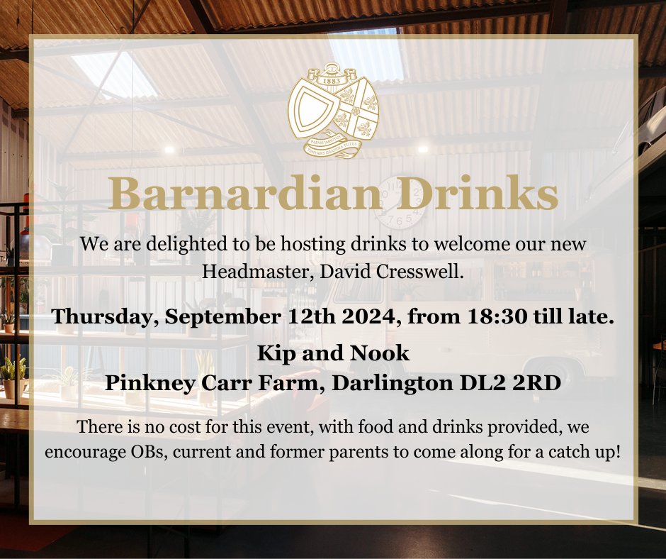 barney_ob's tweet photo. Join us and our new Headmaster, David Cresswell, for drinks and pizza at the fabulous Kip and Nook.

The event is free to attend. RSVP using the link below so we may cater accordingly!
https://t.co/wydGMuTlgq https://t.co/NbFYPEldGm