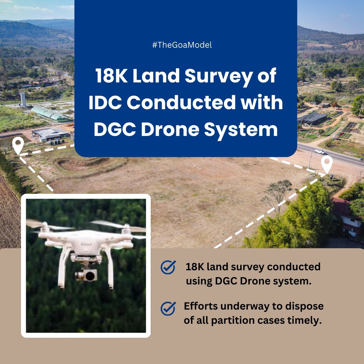 The_GoaModel's tweet photo. 18K land survey of IDC conducted using the DGC Drone system. The department is making all efforts to dispose of partition cases in a timely manner.
#DroneSurvey #IDCLandSurvey #DGCDrone #TimelyDisposals #GoaDevelopment #LandManagement #InnovationInSurvey #GoaInitiatives #Goa https://t.co/RU9vDYXYwz