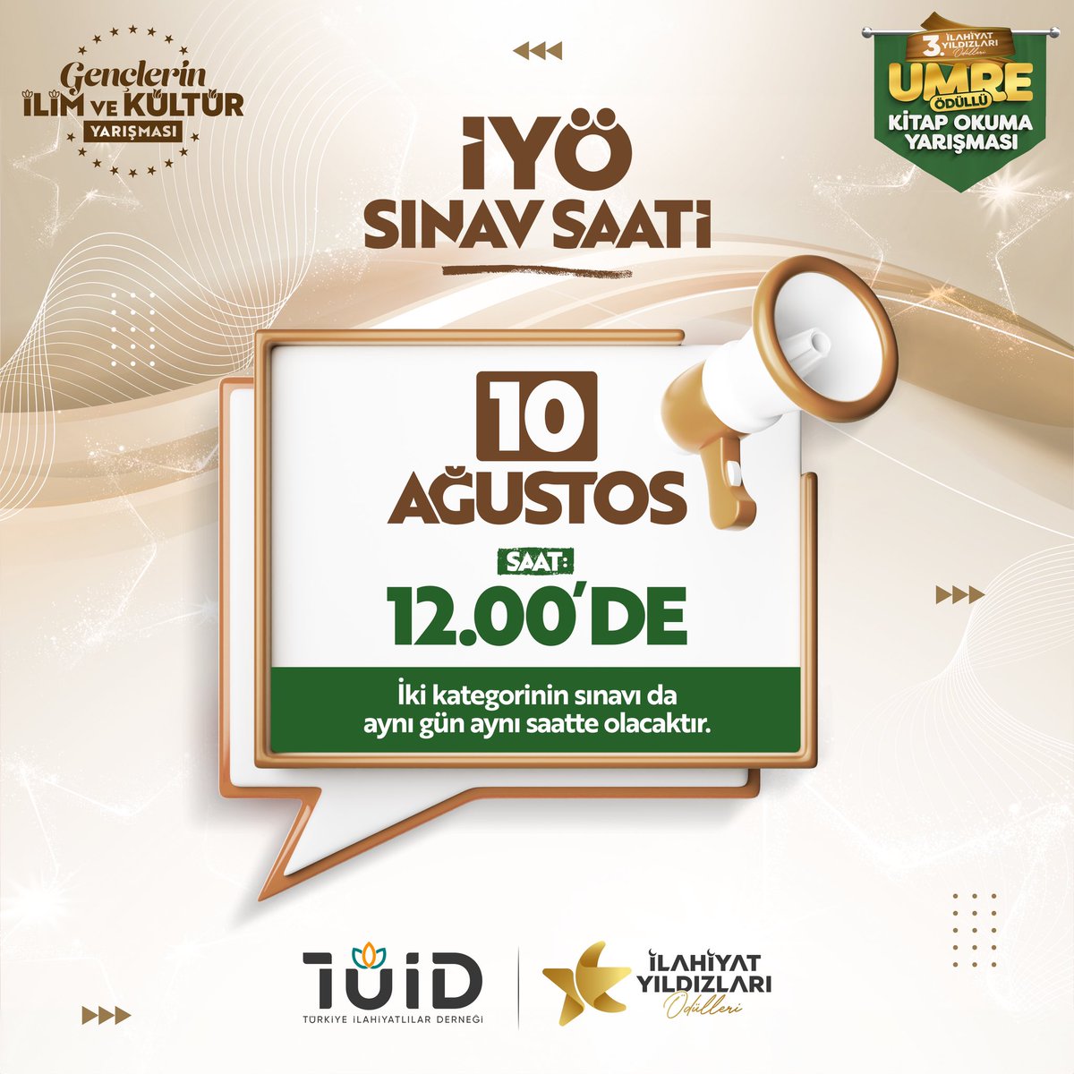 3.İlahiyat Yıldızları Ödülleri kitap okuma yarışmasının sınav saati belli oldu!⏰

Online sınav 10 Ağustos saat 12.00’da gerçekleşecek.🙌🏻

Detaylı bilgi ve başvuru için:
ilahiyatyildizlariodulleri.com adresini ziyaret edebilirsiniz.