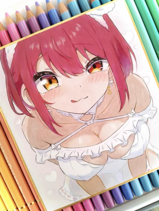 部屋着せんちょーがあまりにもかわいい色紙にohuhuマーカーペン、色鉛筆で描きました#宝鐘マリン新衣装2024 #マリンのお宝 