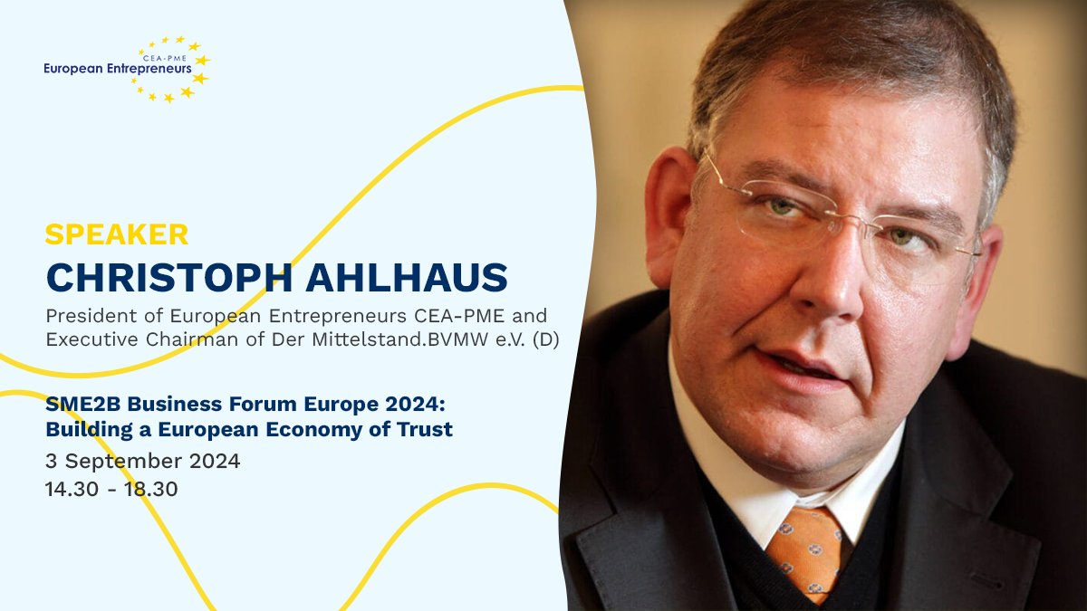 CeaPme's tweet photo. An Economy of Trust means the EU and national lawmakers trust #SMEs and #MidCaps.
Christoph Ahlhaus, #CEAPME President & @BVMWeV Executive Chairman, will further discuss the topic during the #SME2B24 Forum!
Meet us in Brussels on 3 Sep! #EconomyOfTrustEU
https://t.co/azeWf20EJ6 https://t.co/5qOmaBvlHb