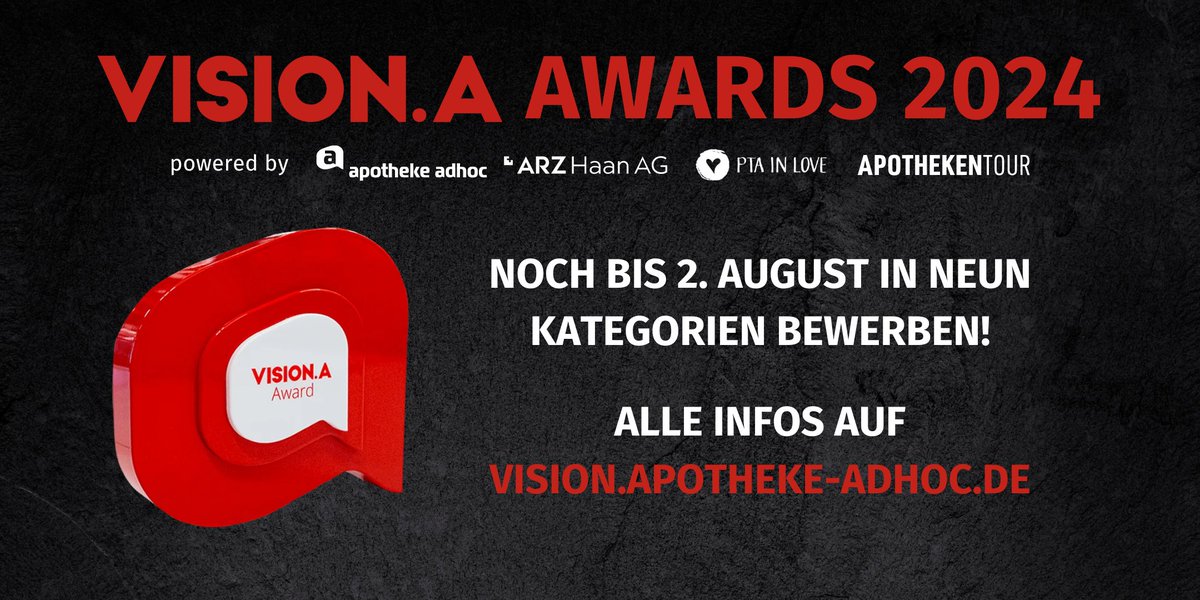 GesundheitAdhoc's tweet image. VISION.A Awards 2024: Letzte Chance zur Bewerbung!
@ApothekeAdhoc #VISIONA #ELPATO #PTAINLOVE #ARZHaanAG #Apotheke #Pharma
gesundheit-adhoc.de/vision-a-award…