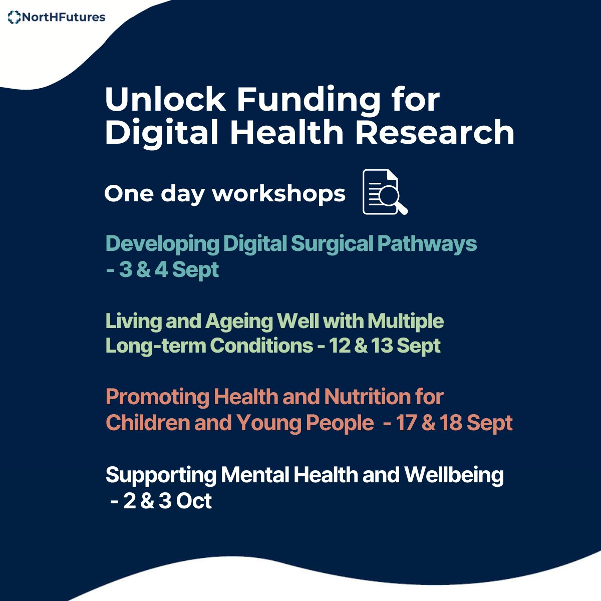 🚨 Unlock Funding for Digital Health Research! 🚨

🔍 NortHFutures is allocating £800k for research projects in the field of #DigitalHealth. 

✅ To apply for funding you must attend our one-day workshops:

📅 Mark Your Calendar: 

1️⃣ Developing Digital Surgical Pathways (3 &amp; 4