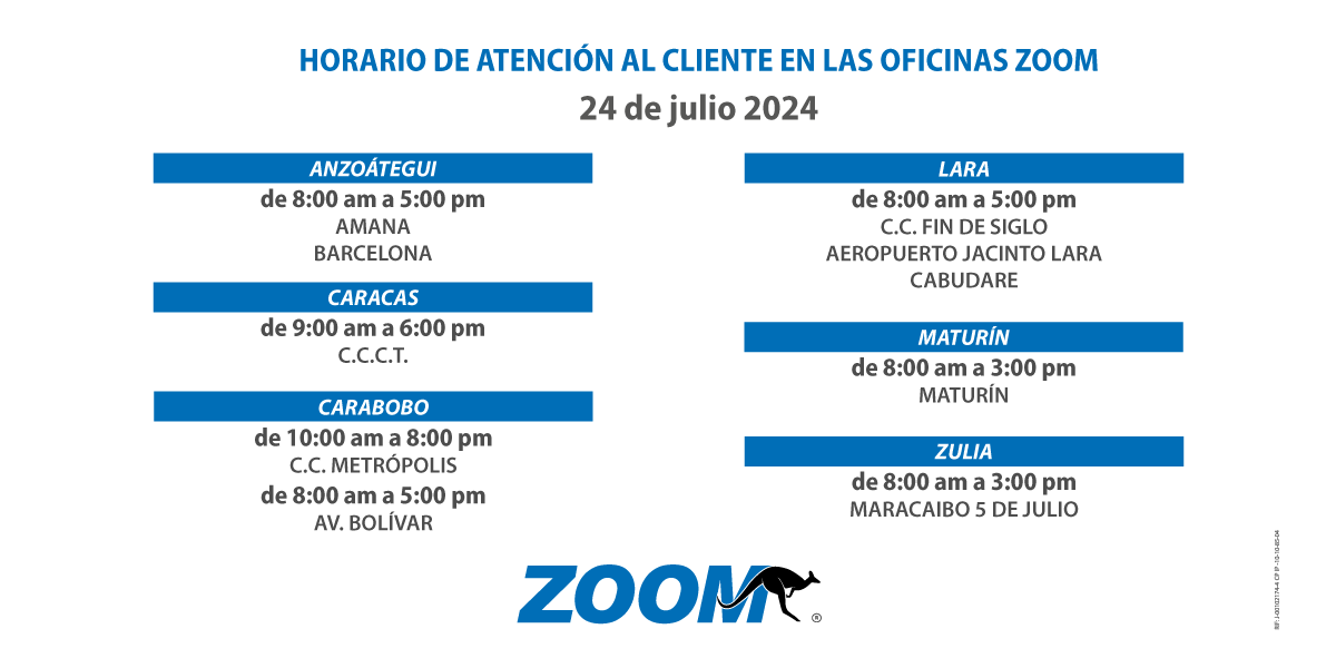 ZOOMenLinea's tweet photo. Estaremos contigo este 24 de julio 🦘
Conoce cuáles serán los horarios en nuestras oficinas este #jul24 🇻🇪
#Envíos #Remesas #Casilleros https://t.co/4pAcQK5pJ9