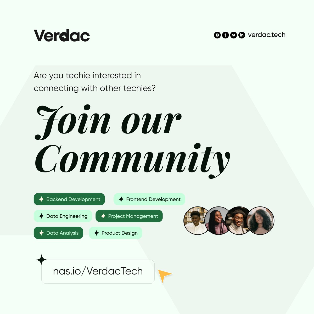 VerdacTech's tweet image. Verdactech has a community of over 500 techies who are committed to growth, development, sharing  opportunities, industry insights, interactive sessions, and advanced learning. 

Become a part of our large family today! 
Click 
nas.io/VerdacTech

#verdactech #TechCommunity