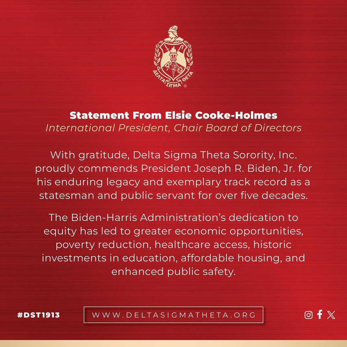 AATXDST's tweet photo. With gratitude, Delta Sigma Theta Sorority, Inc. proudly commends President Joseph R. Biden, Jr. for his enduring legacy and exemplary track record as a statesman and public servant for over five decades. 

Visit https://t.co/fet3XPv7mK for our full statement!

#DST1913 https://t.co/0MABSNTFUN