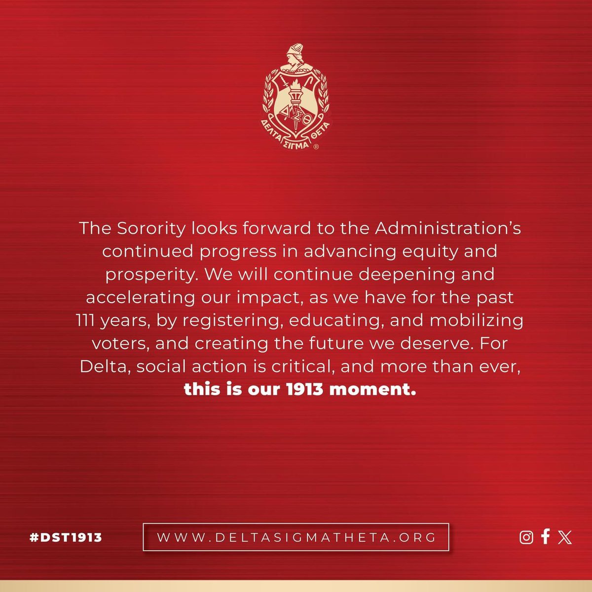 With gratitude, Delta Sigma Theta Sorority, Inc. proudly commends President Joseph R. Biden, Jr. for his enduring legacy and exemplary track record as a statesman and public servant for over five decades. 

Visit deltasigmatheta.org for our full statement!

#DST1913